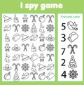 I spy game for toddlers. Find and count objects. Counting educational children activity. Christmas and new year holidays theme