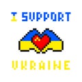 I support ukraine pixel art. Blue yellow hands hold heart
