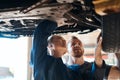 I think weve found the problem. two mechanics working under a car in an auto repair shop. Royalty Free Stock Photo