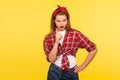 I told you! Portrait of strict pinup girl in checkered shirt and headband teaching with admonishing gesture, warning Royalty Free Stock Photo