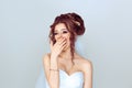 I am too tired of wedding preparations. Closeup portrait sleepy young woman bride with wide open mouth yawning eyes closed bored