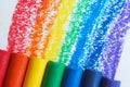 A rainbow drawn with red, orange, yellow, green, blue, indigo, and purple crayons. Royalty Free Stock Photo