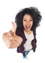 I totally agree with you. Studio shot of a young woman showing thumbs up against a white background.