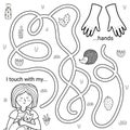 I touch with my hands black and white maze game for kids. Five senses labyrinth