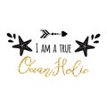 I am a true oceanholic logo Vector inspirational vacation travel quote with seastar, wave in black golden color