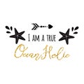 I am a true oceanholic logo inspirational vacation travel quote with seastar, wave in black golden color