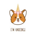 I am Unicorgi. Cute Corgi dog with a unicorn horn. Vector