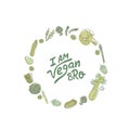I am vegan bro hipster style sign with outline vegetables. Handwritten lettering quotes in organic, bio product frame