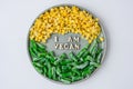 I AM VEGAN text in plate. Veganism, vegetarian healthy lifestyle. Healthy eating vegan, green beans yellow corn