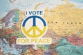 Bangkok, Thailand - September 1, 2022 I vote for peace text with heart flag on world map, stop war with Russia concept