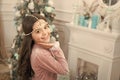 I am waiting. awaiting new year. pretty little princess celebrate christmas. smiling cute child at home. happy new 2020