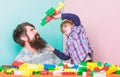 I want to be a pilot. happy family leisure. love. child development. building plane with colorful constructor. father Royalty Free Stock Photo