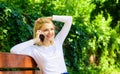 I was waiting your call. Girl modern smartphone calling friend cell phone. Girl blonde smiling face talk smartphone Royalty Free Stock Photo