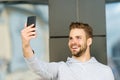 I was waiting for your call, Man beard with smartphone, urban background. Communication concept. Guy cheerful video Royalty Free Stock Photo