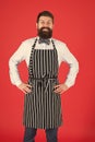 I will cook for you. Bearded man cook smiling in apron. Confident master cook with beard and moustache wearing bib apron