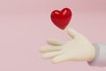 I will give you my heart. hand with a red heart on a pink background. copy paste, copy space. 3d render