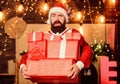 I wish. happy new year. Xmas present box. christmas gift delivery. winter shopping sales. Cheerful elf. bearded santa Royalty Free Stock Photo