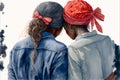 AI generated a back view of two women in denim shirts and red bandannas with white polka dots in their hair in watercolor style.