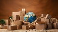 IA-Generated: Cardboard Boxes and Earth Globe - Sustainable Packaging Concept Royalty Free Stock Photo