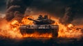 IA-Generated Cinematic HD 16K: Fictive Camo Army Tank Engaged in Fiery Warfare