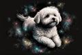 Portrait of a bichon maltese dog on black fantasy background created with generative ai technology