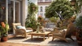 Romantic luxurious style Terrace with wooden deck lots of plants and armchairs