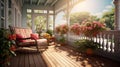 Romantic style porch with wooden deck lots of plants and armchairs