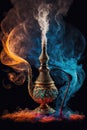 Water pipe ornated with multiple details and surrounded by brightly colored smoke. Created with generative ia technology. Royalty Free Stock Photo