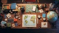 top view of a geography Student desk ready for back to school