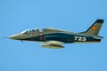 IAR 99 Hawk in flight closeup - military airplane in flight - IAR 99 SOIM, two Romanian pilots Royalty Free Stock Photo