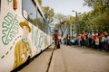 Iasi, Romania - April 14, 2024: The inauguration of the only working tram in the world painted with a scout theme