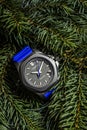 Ibach, Switzerland 31.03.2020 - The close up of Victorinox man watch carbon case swiss quartz mechanical watch swiss