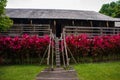 Traditional wooden houses and bushes of red color. Iban longhouse Kuching to Sarawak Culture village. Malaysia