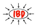 IBD Inflammatory Bowel Disease - group of inflammatory conditions of the colon and small intestine, acronym text with arrows