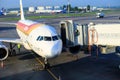 Iberia airlines aircraft prepares for boarding passengers through a telescopic ladder at the Domodedovo airport in Moscow Royalty Free Stock Photo