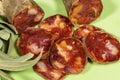 Iberian chorizo slices made of pork and spanish paprika. Gourmet product Royalty Free Stock Photo