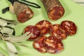 Iberian chorizo slices made of pork and spanish paprika Royalty Free Stock Photo