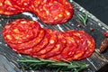 Iberian chorizo, traditional spanish tapas, Food recipe background. Close up Royalty Free Stock Photo
