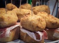 Iberian ham croquette in a pinchos bar in Bilbao, typical tapa in Spain Royalty Free Stock Photo