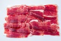 Iberian ham cut on white tray Royalty Free Stock Photo