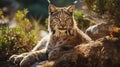 Iberian lynx lies in nature. Iberian lynx rare animal. Photo Ai generated