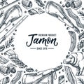 Iberian pork jamon square frame. Vector hand drawn sketch illustration. Label, package, menu, banner design elements