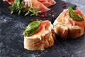 Iberico ham sandwich with homemade bread baked in wood oven or jamon sandwich with local herbs Royalty Free Stock Photo