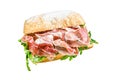 iberico jamon ham sandwich on ciabatta bread. Isolated on white background, Top view. Royalty Free Stock Photo