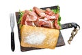 iberico jamon ham sandwich on ciabatta bread. Isolated on white background, Top view. Royalty Free Stock Photo