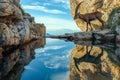 ibex reflected in a mountain pool on a cliff ledge