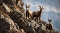 Ibex Family Navigating Steep Rocky Cliffs