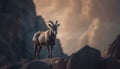 Ibex standing on mountain peak, silhouette against sunset sky generated by AI Royalty Free Stock Photo