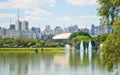 Ibirapuera Park in Sao Paulo, Brazil fountains in a lake,greenery, and a cityscape in the background Royalty Free Stock Photo