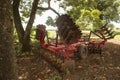 Ibitinga / Sao Paulo / Brazil - 01 23 2020: Isolated red agricultural machinery for preparation of the field soil standing alone